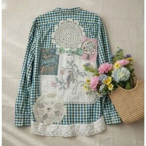 Cottagecore Patchwork Shirt Upcycled Look Gingham Mixed Print 2X 3X Boutique